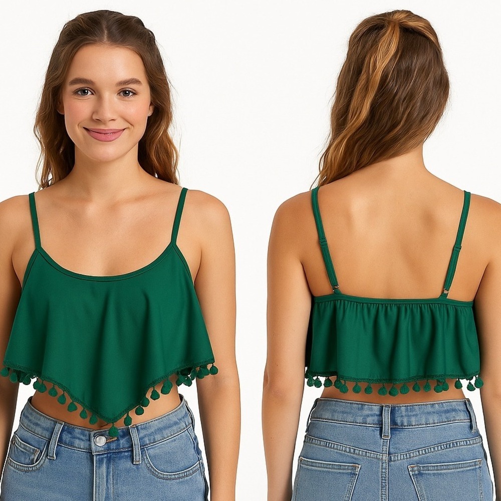 Hilor Bikini Swim Top Leaf Green Pom Trim Pullover Swimwear Flounce Stretch NEW